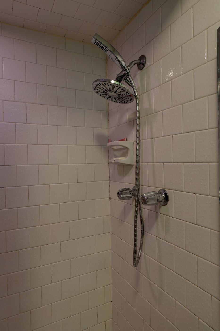 Old tiled shower with corner caddy before the remodel