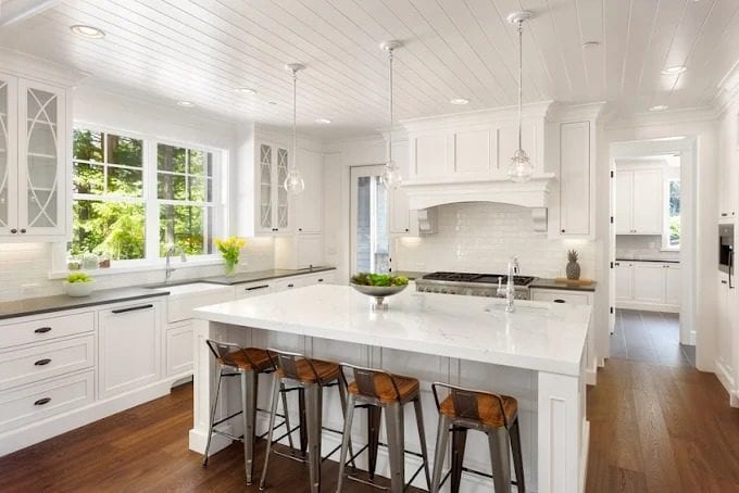 Open kitchen remodel with shiplap ceiling